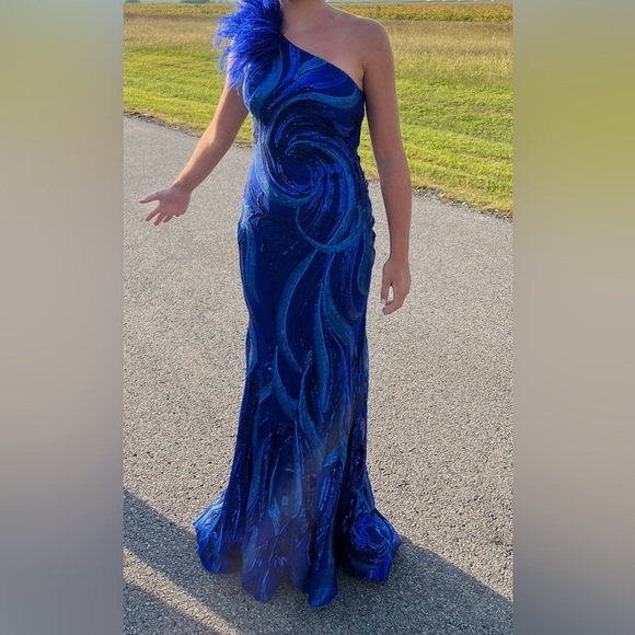 Jovani One-Shoulder Blue Prom Dress - Picture 2 of 8